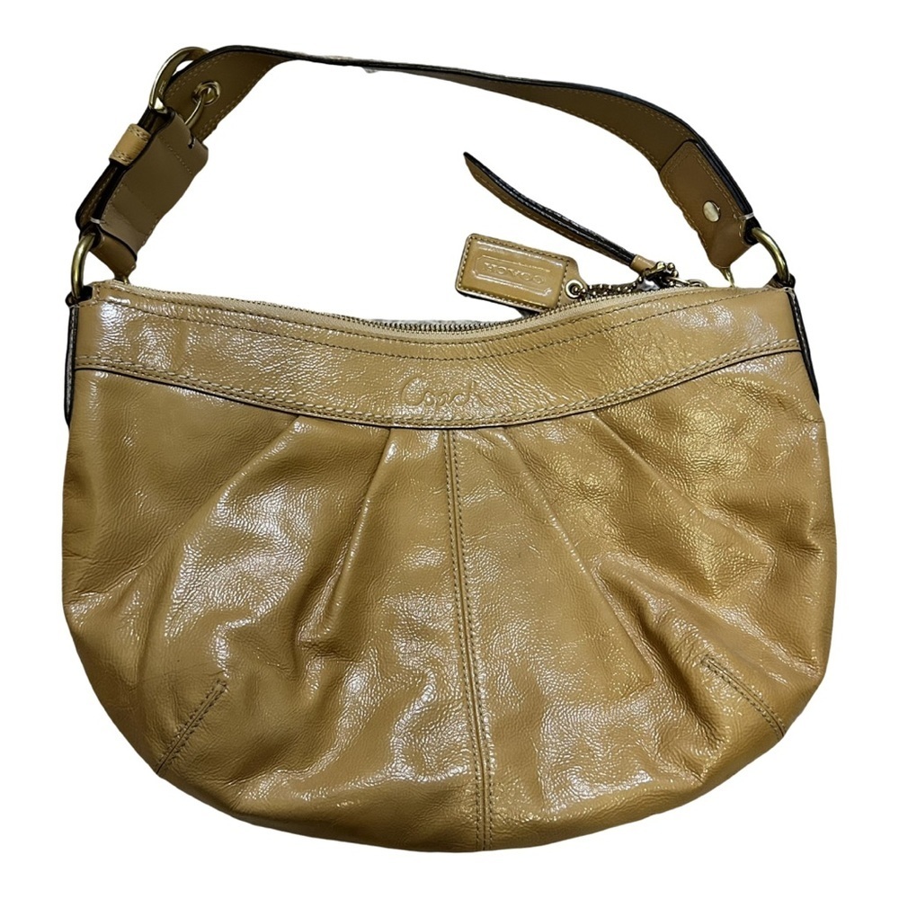 COACH | BEIGE PATENT LEATHER BAG | PLEATED BUCKLE STRAP | HOBO SHOULDER PURSE